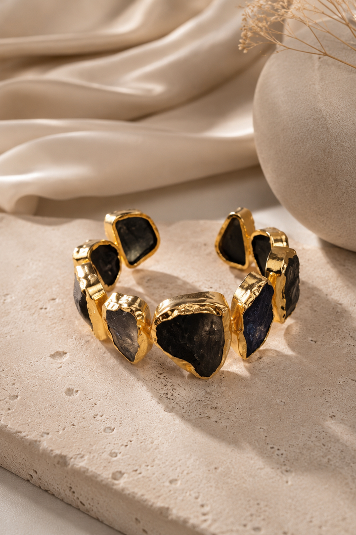 Raw Black Stone Gold-Tone Statement Cuff Bracelet