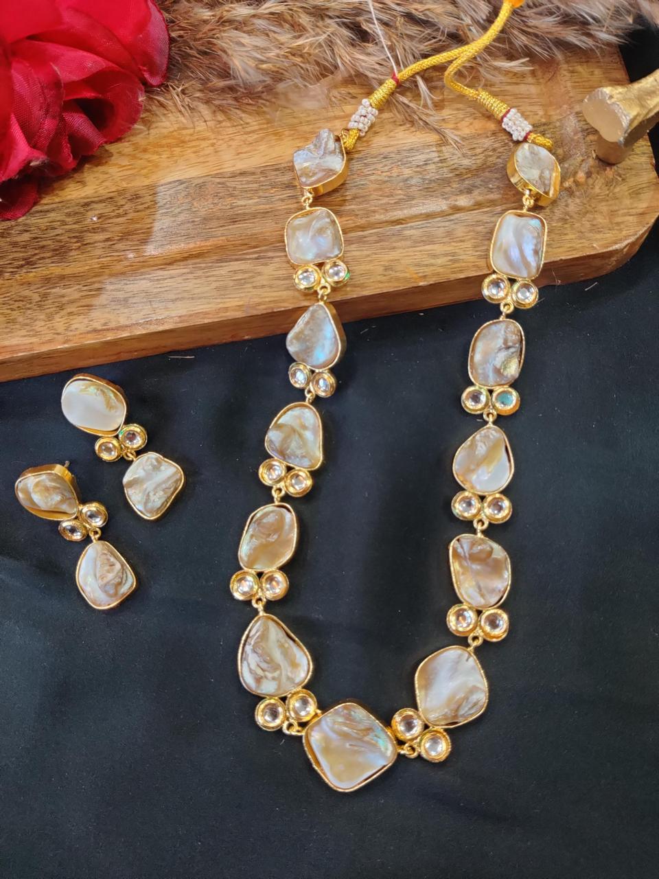 Handcrafted Baroque Shell & Polki Kundan Necklace Set with Matching Studs