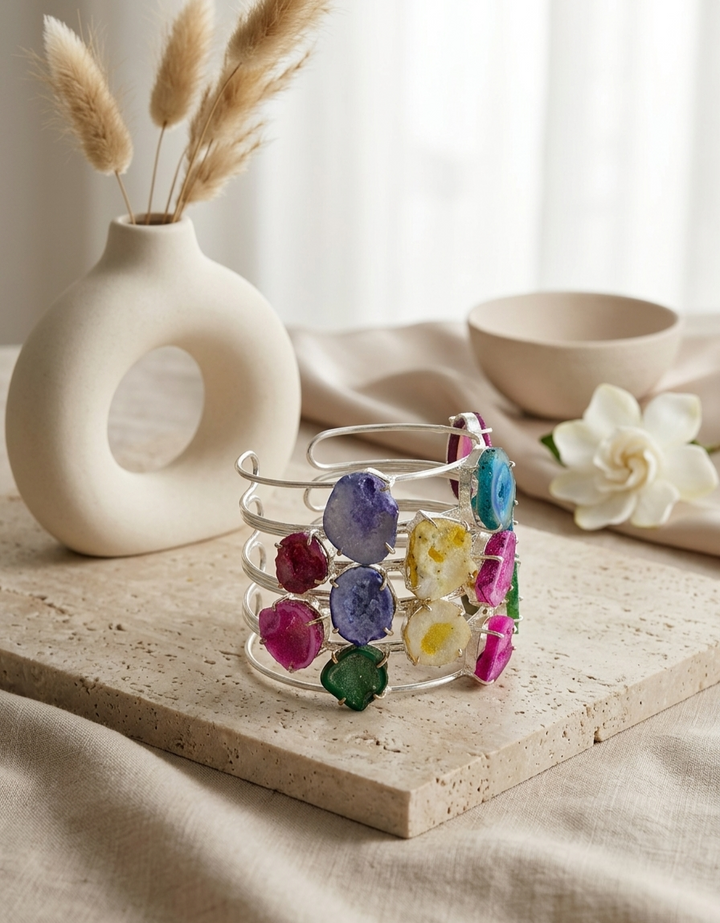 Multicolor Raw Gemstone Multi-Band Silver Cuff Bracelet
