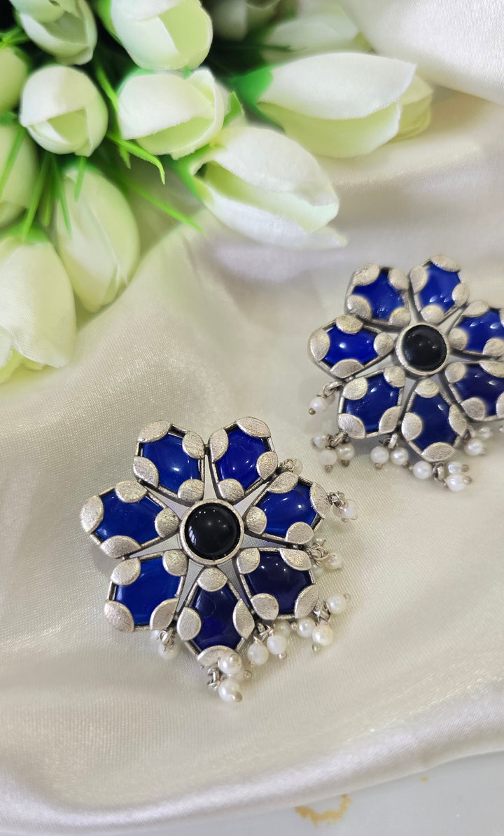 Blue Floral Enamel Stud Earrings with Black Center and Pearl Accents