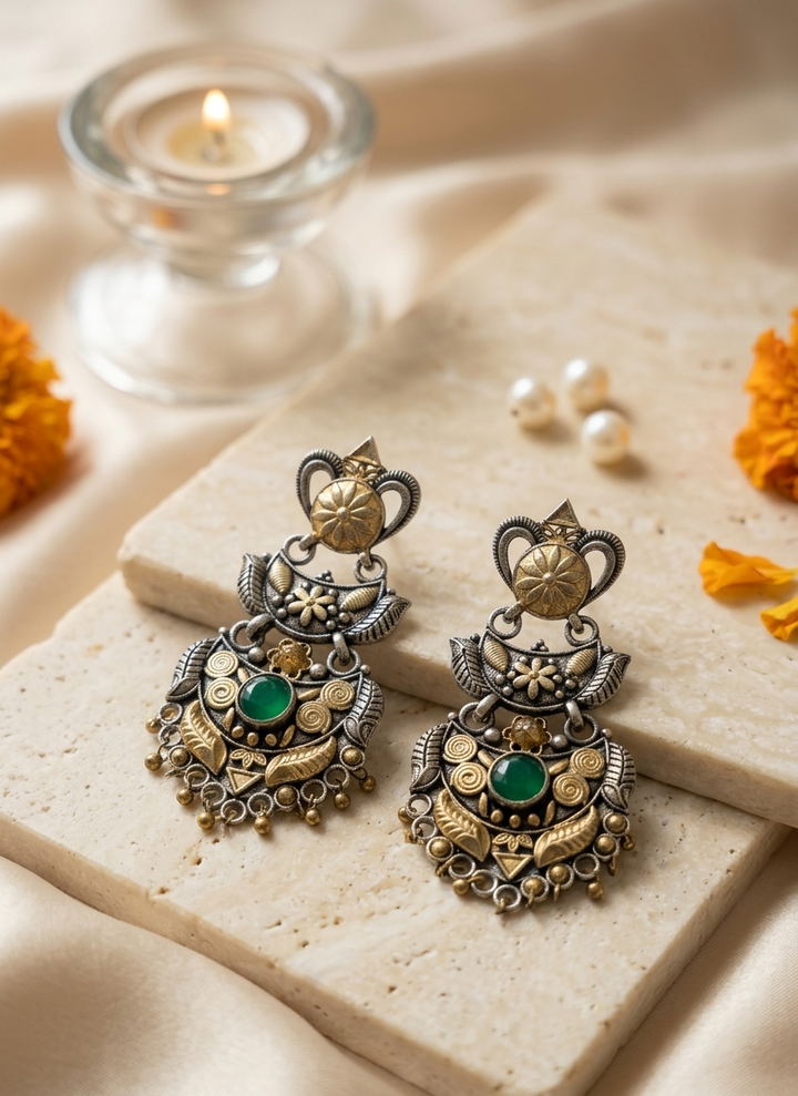 Vintage-Inspired Oxidized Silver & Gold Drop Earrings