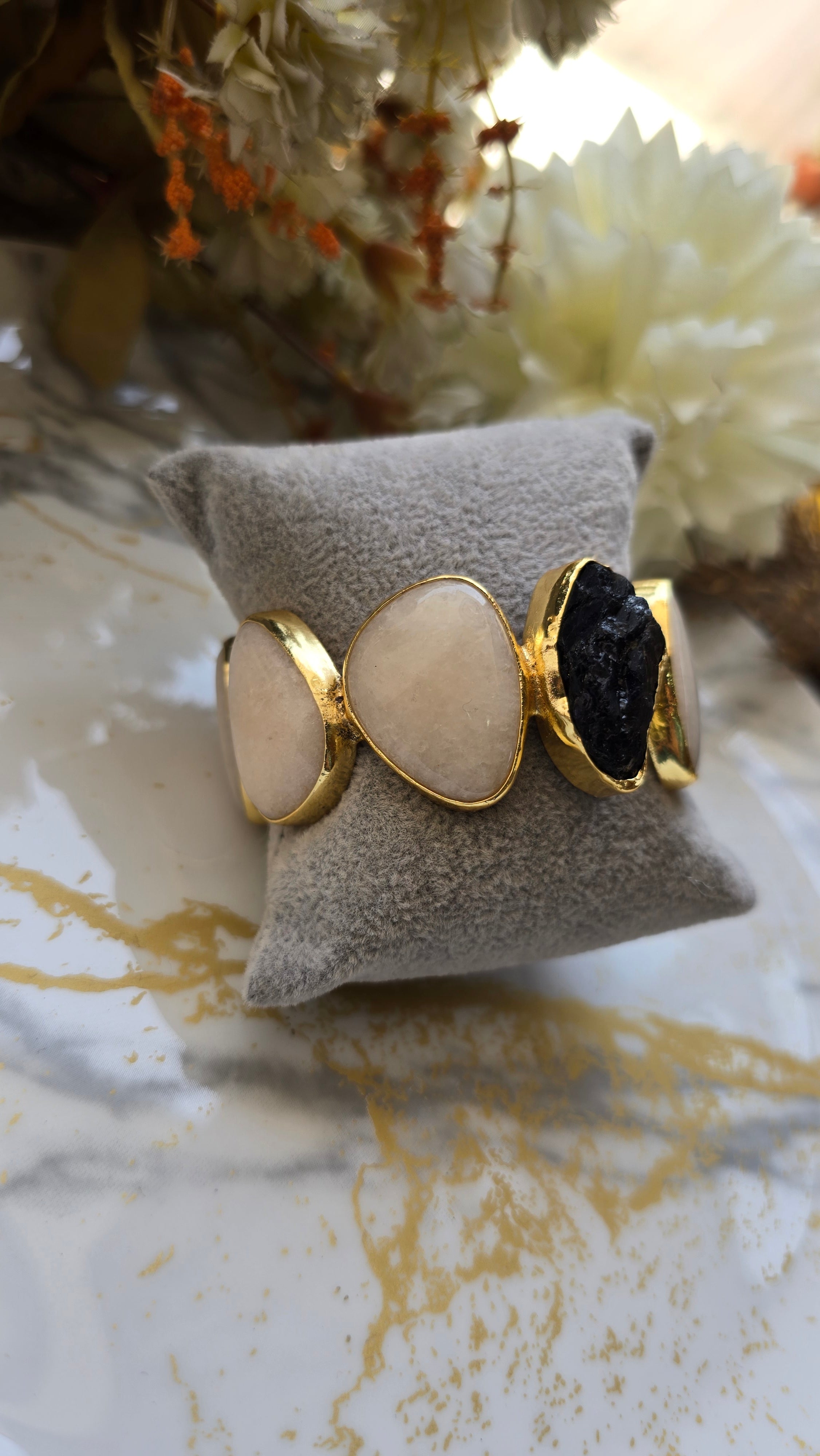 The Monochrome Muse: Raw Black Tourmaline & Moonstone-Finish Statement Cuff