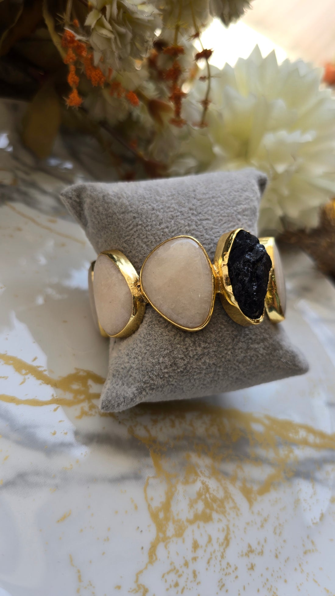 The Monochrome Muse: Raw Black Tourmaline & Moonstone-Finish Statement Cuff