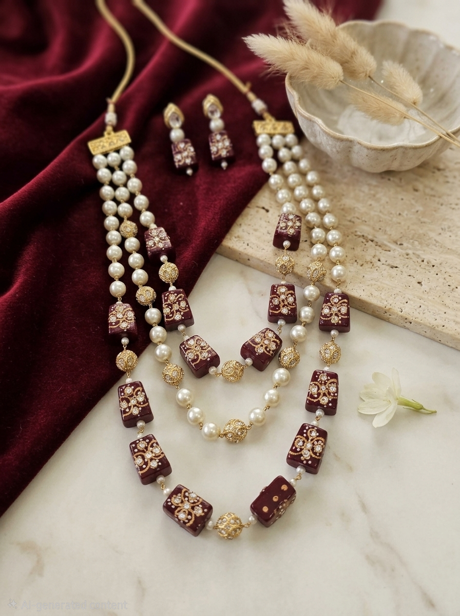 Three-Layer Pearl and Meenakari Bead Necklace Set with Matching Earrings