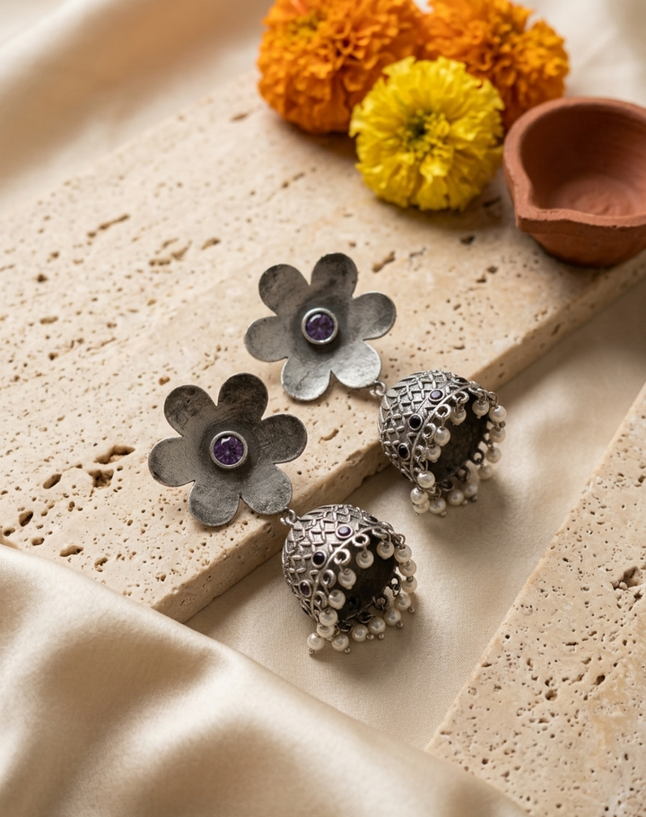 Oxidised Silver Floral Stud Jhumka Earrings
