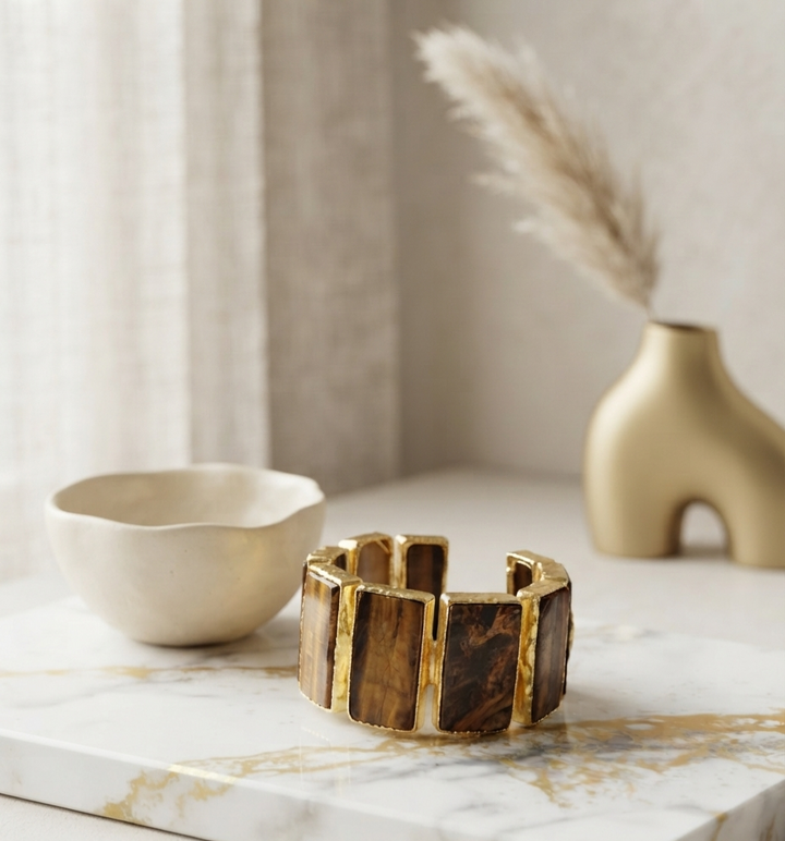 Chunky Gold and Brown Stone Segmented Cuff