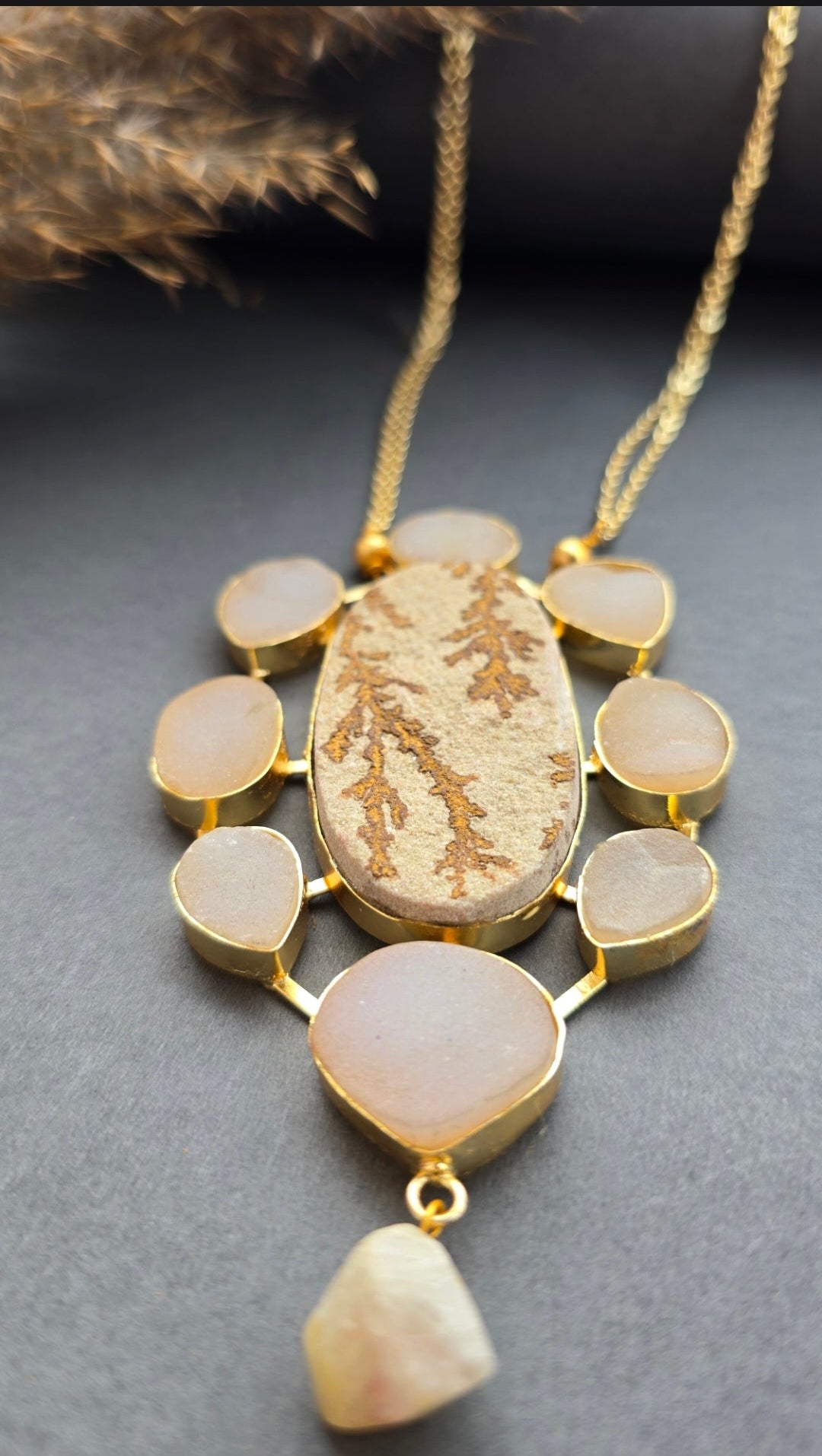 Boho Gold-Plated Dendritic Jasper Oval Pendant Necklace