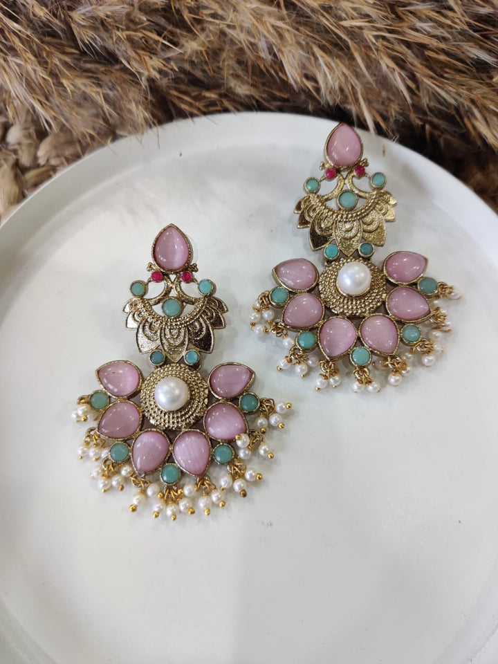 Floral Studded Chandbali Earrings with Pearls