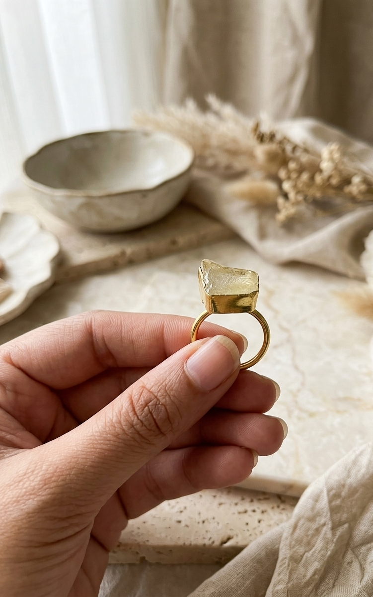 Aurelia Raw Crystal Cocktail Ring – Handcrafted Gold Bezel