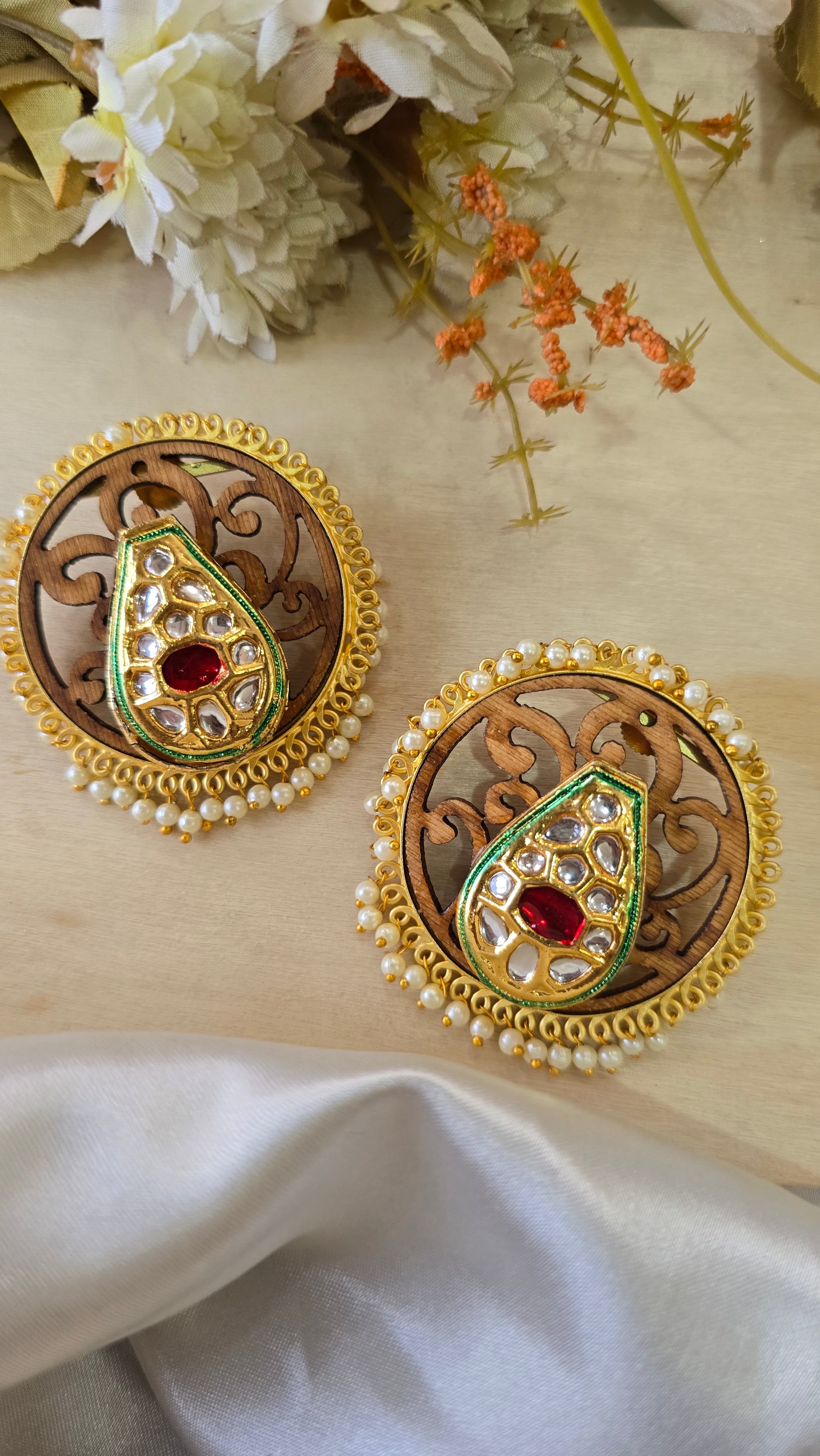 Handcrafted Wood Engraved Kundan Stud Earrings with Pearl Border
