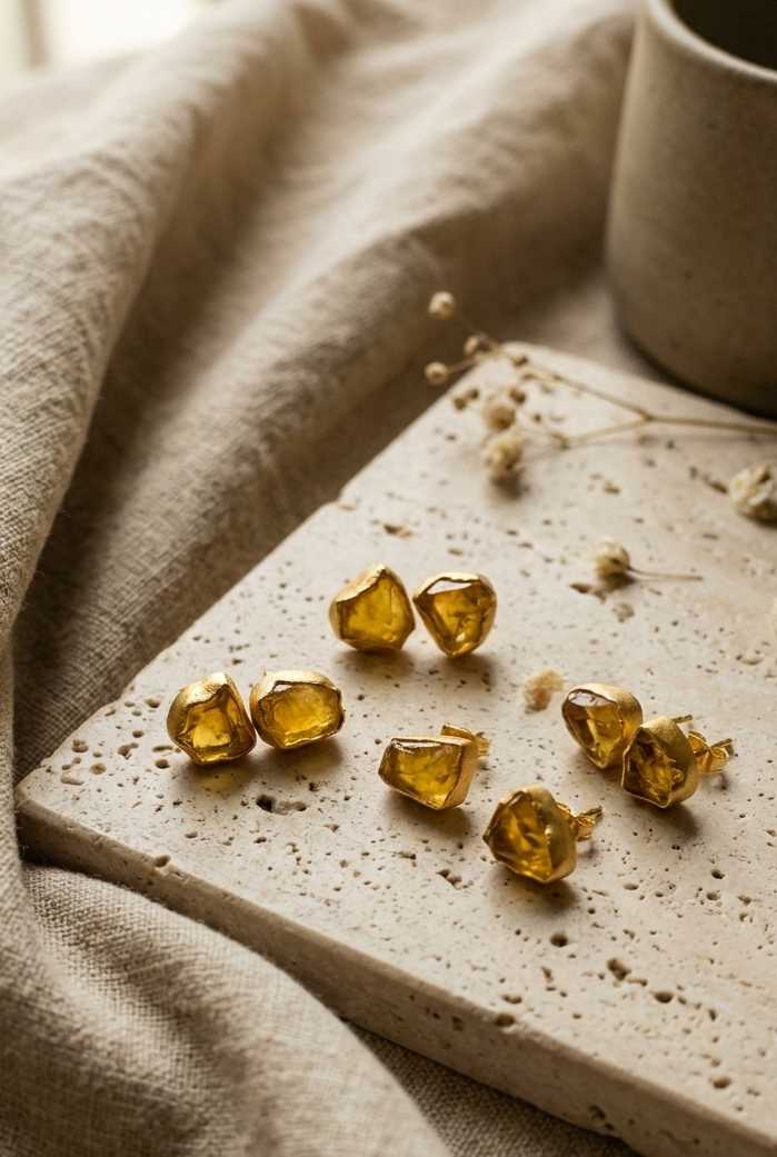 The Crimson Relic Stud Earrings in gold setting