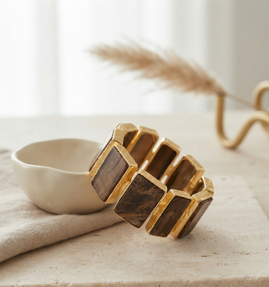 Chunky Gold and Brown Stone Segmented Cuff