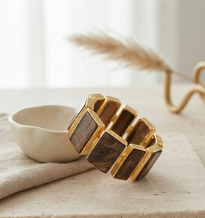 Chunky Gold and Brown Stone Segmented Cuff