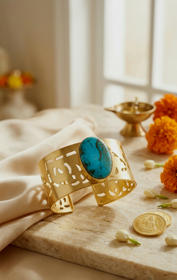 Boho-Chic Cutout Cuff Bracelet with Turquoise Stone