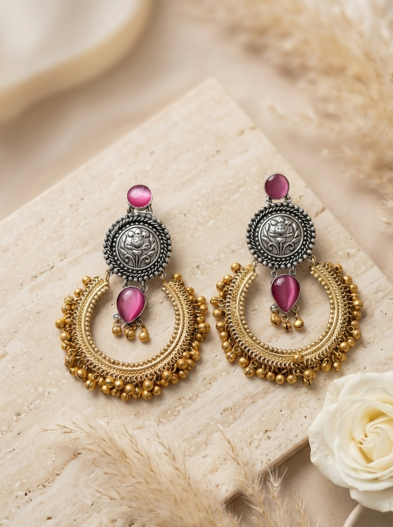Oxidized Silver & Gold-Tone Crescent Chandbali Earrings