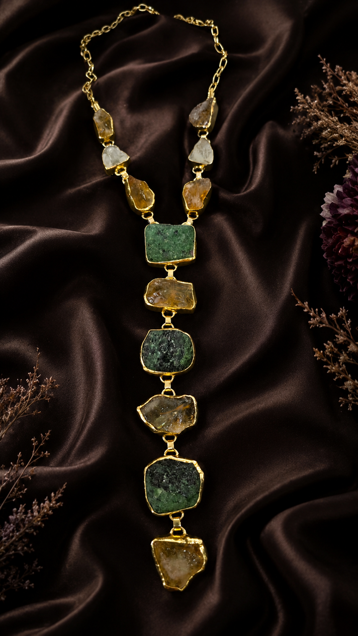 The Earth & Aura Cascade: Raw Emerald and Citrine Statement Necklace