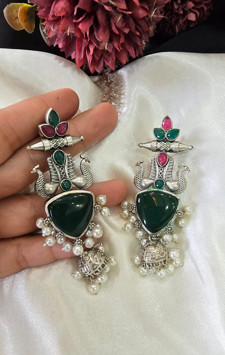Oxidized Silver Trishul Danglers with Emerald Green Stones and Pearls