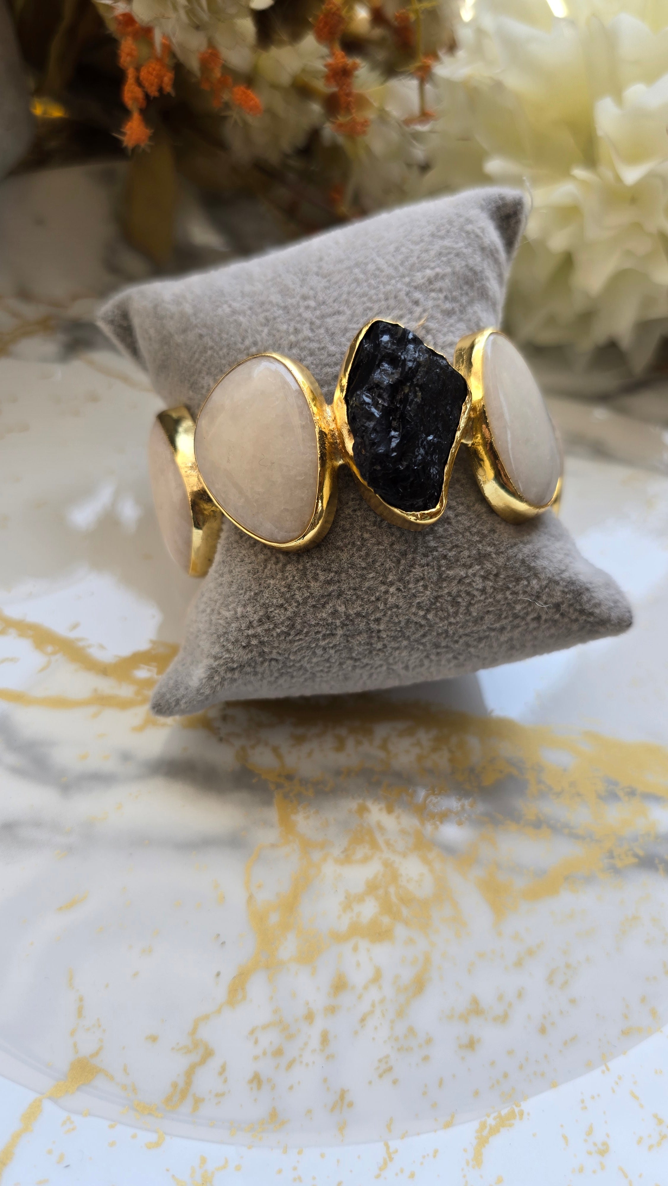 The Monochrome Muse: Raw Black Tourmaline & Moonstone-Finish Statement Cuff