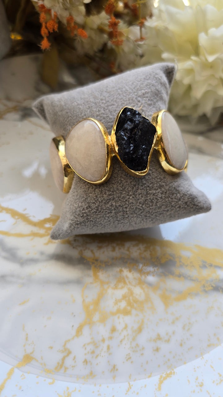 The Monochrome Muse: Raw Black Tourmaline & Moonstone-Finish Statement Cuff