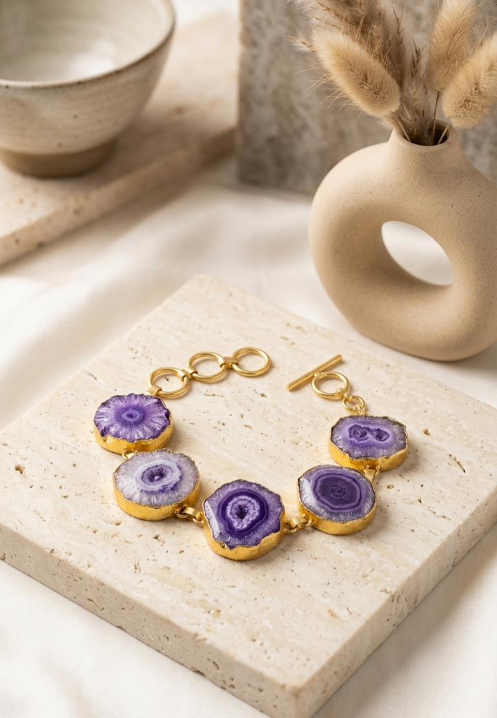 Gold-Plated Purple Agate Slice Toggle Bracelet