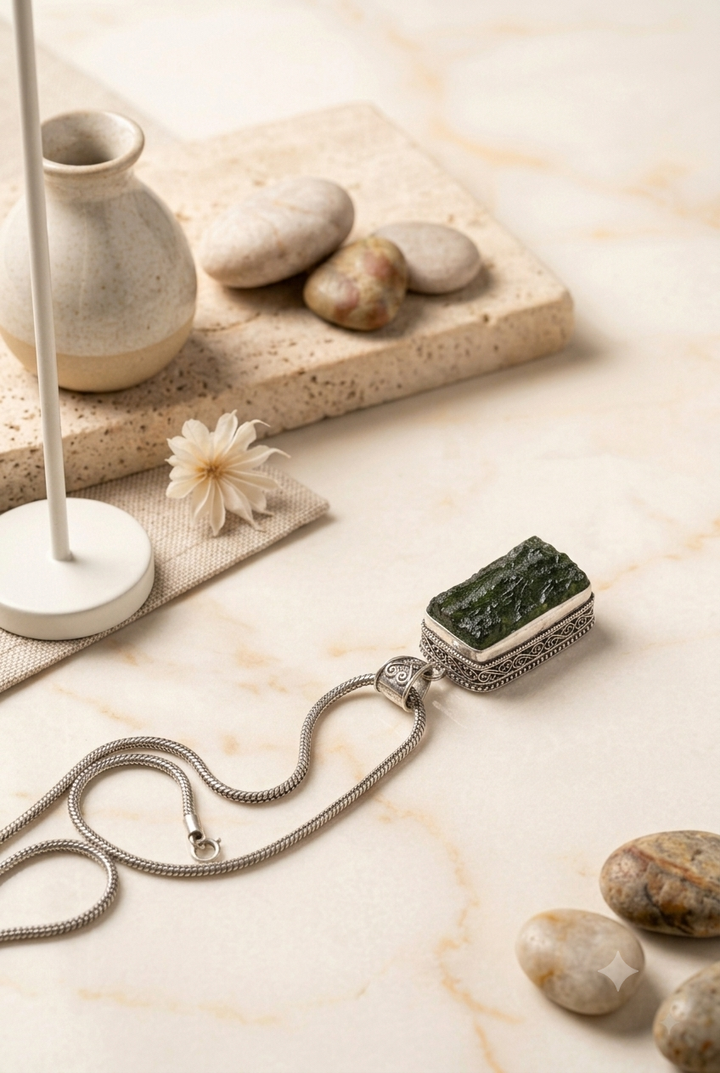 Raw Moldavite Silver Pendant