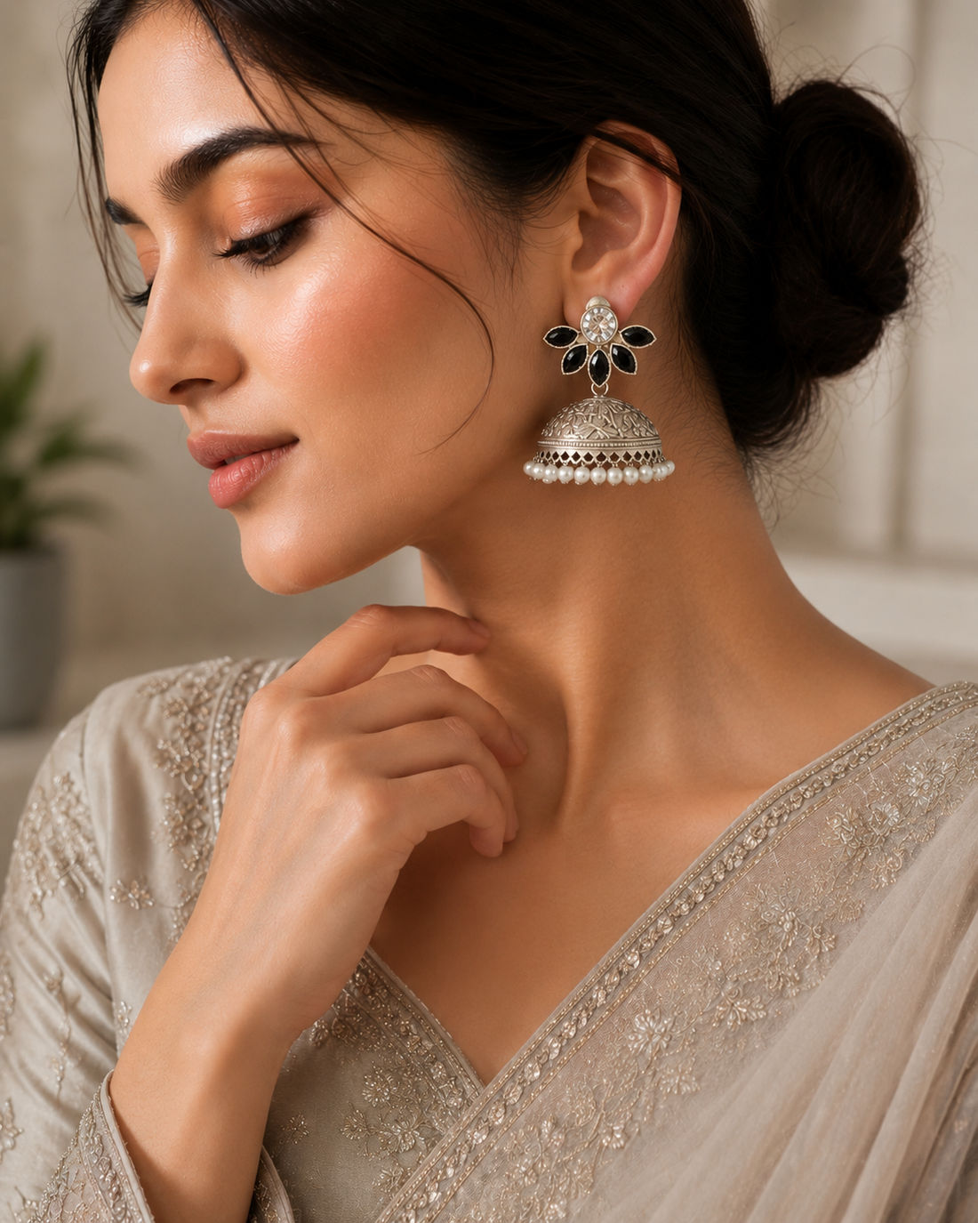 The Royal Blossom Oxidized Silver Jhumkas