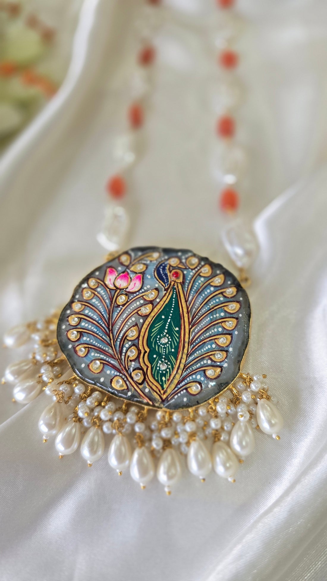 The Mayura Heritage Necklace – Hand-Painted Pendant with Keshi Pearls