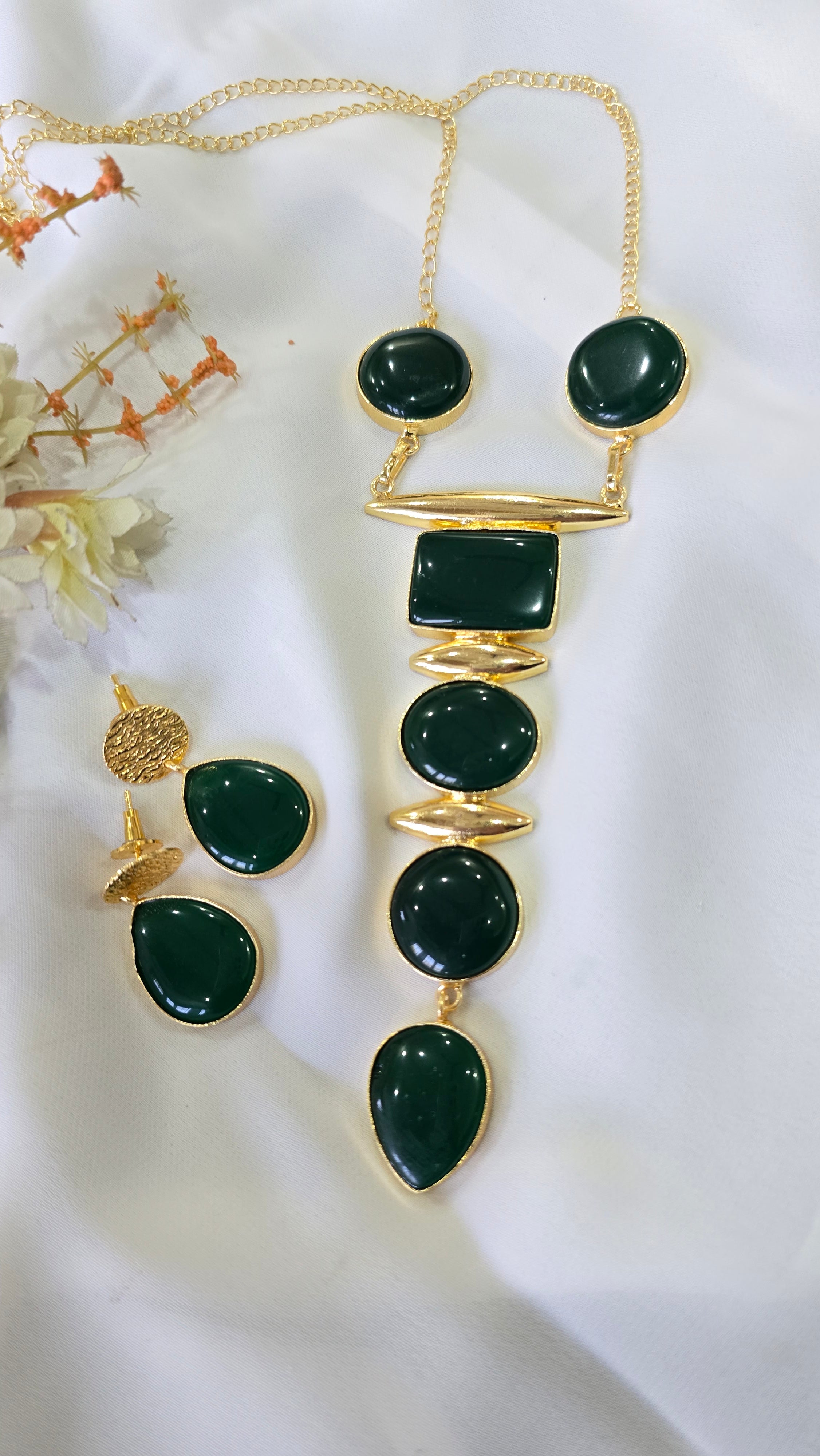 Gold Finish Multicolor Geometric Stone Statement Necklace & Earrings Set