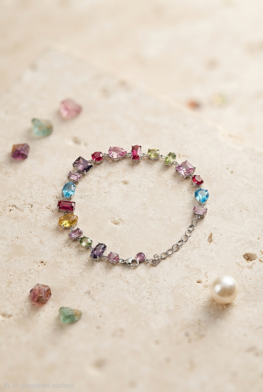 Ethereal Rainbow Multi-Gemstone Silver Tennis Bracelet