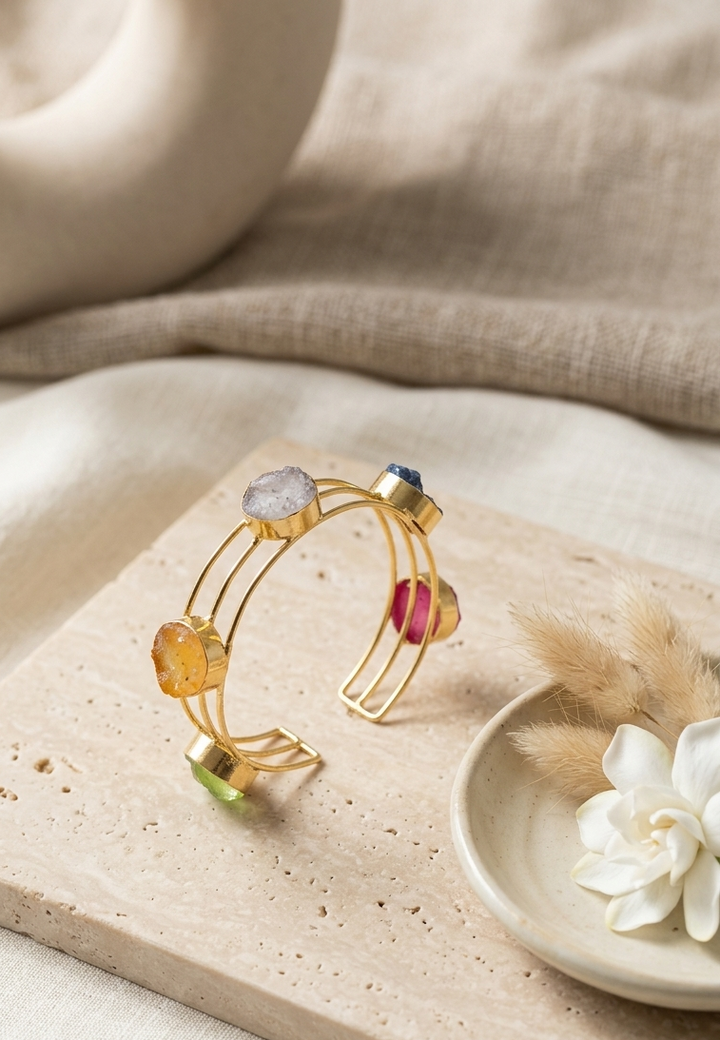 Handmade Rainbow Crystal & Gold Open Bangle Bracelet