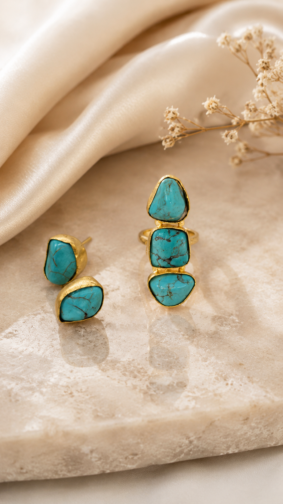 Celestial Turquoise Statement Ring and Stud Earring Set