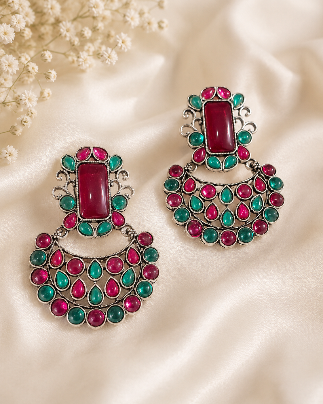 Vintage Oxidized Silver Drop Earrings with Maroon and Green Stone Accents