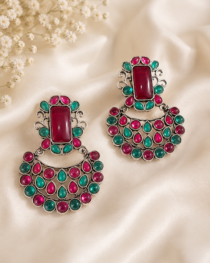 Vintage Oxidized Silver Drop Earrings with Maroon and Green Stone Accents