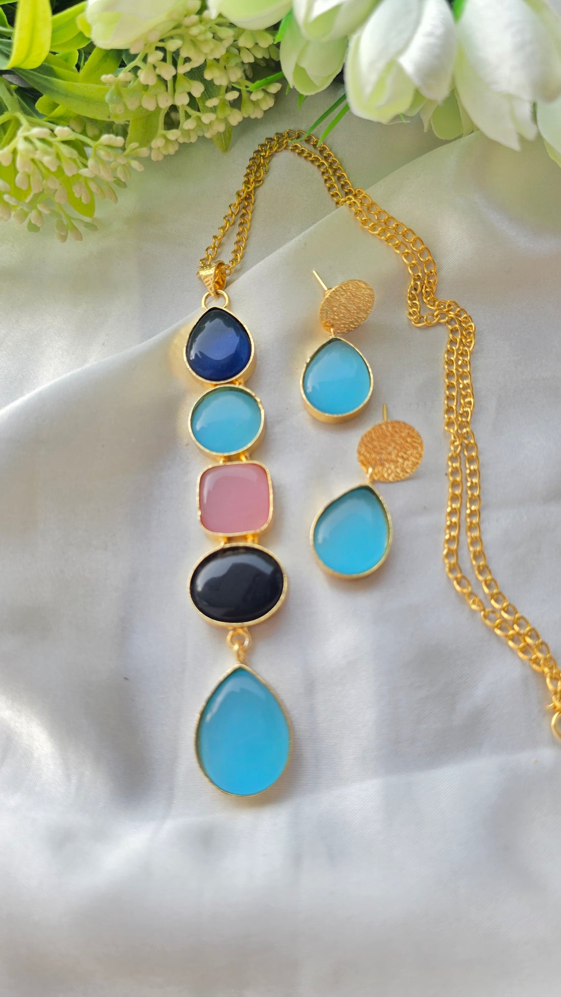 Handcrafted Multi-Shape Stone Pendant Necklace and Earrings Set