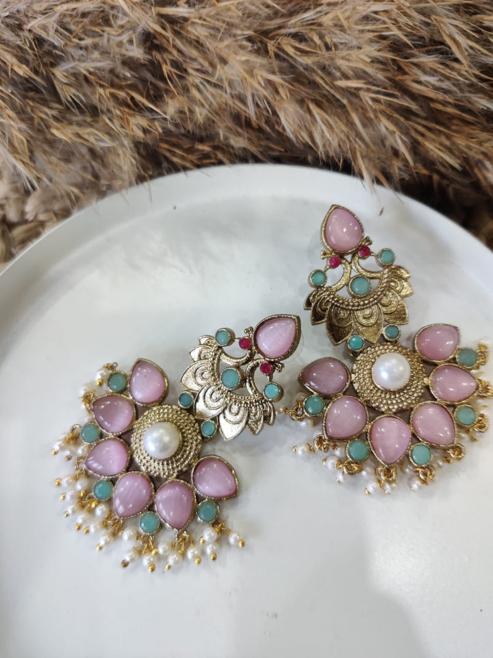 Floral Studded Chandbali Earrings with Pearls