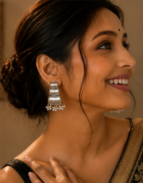 Antique Two-Tone Textured Barrel Drop Earrings with Pearls