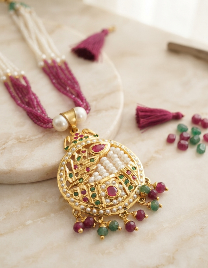 Traditional Gold-Plated Pendant Multi-Strand Necklace