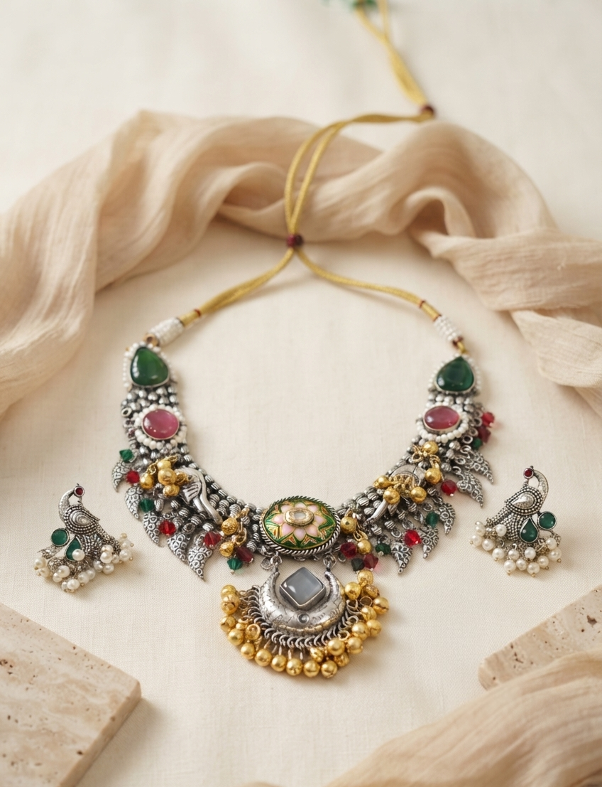 Antique Oxidized Necklace Set – with Multi-Color Stones