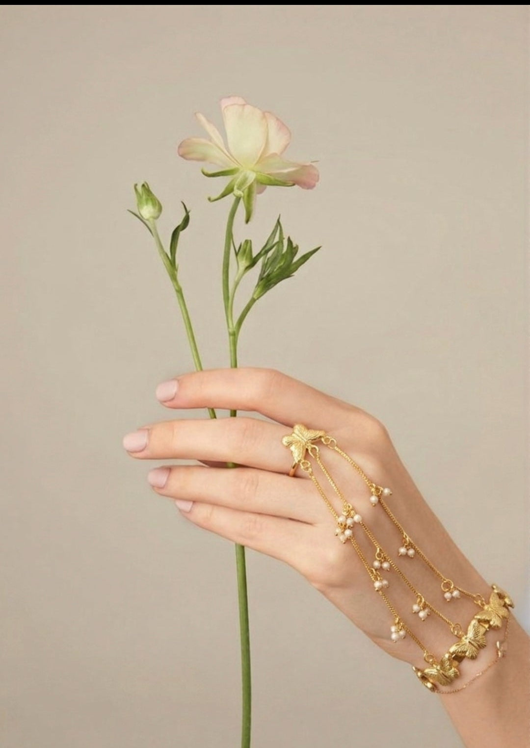 Gold-Plated Butterfly Charm Hathphool with Pearl Accents