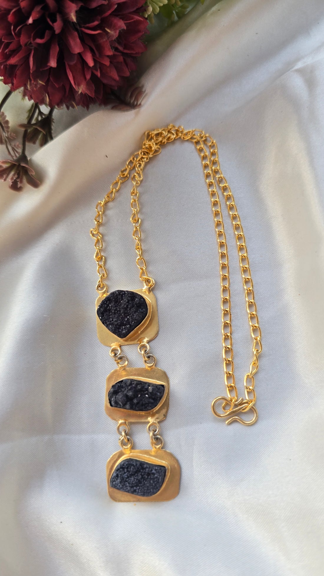 Black Druzy Quartz Three-Stone Drop Necklace in Gold Plating