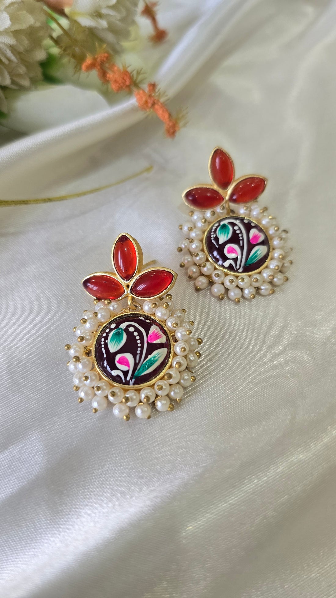 Vintage-Style Hand-Painted Enamel Studs with Pearl Clusters and Ruby-Red Stones