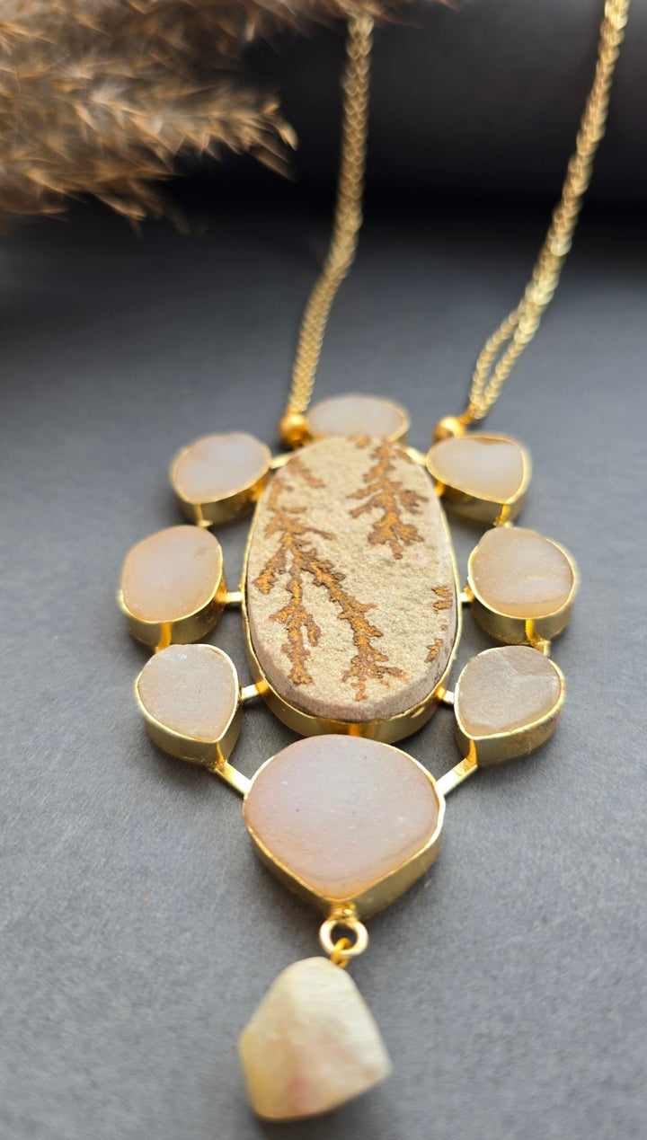 Boho Gold-Plated Dendritic Jasper Oval Pendant Necklace