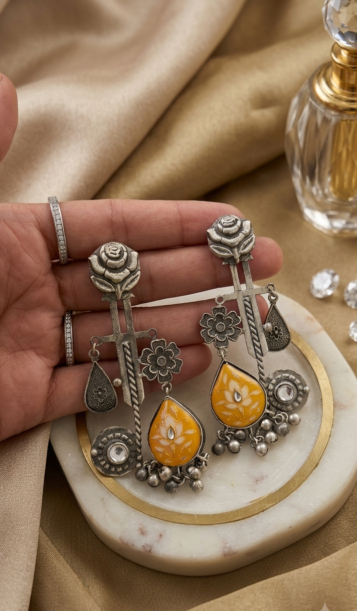The Vintage Rose & Floral Drop Earrings in Oxidized Silver