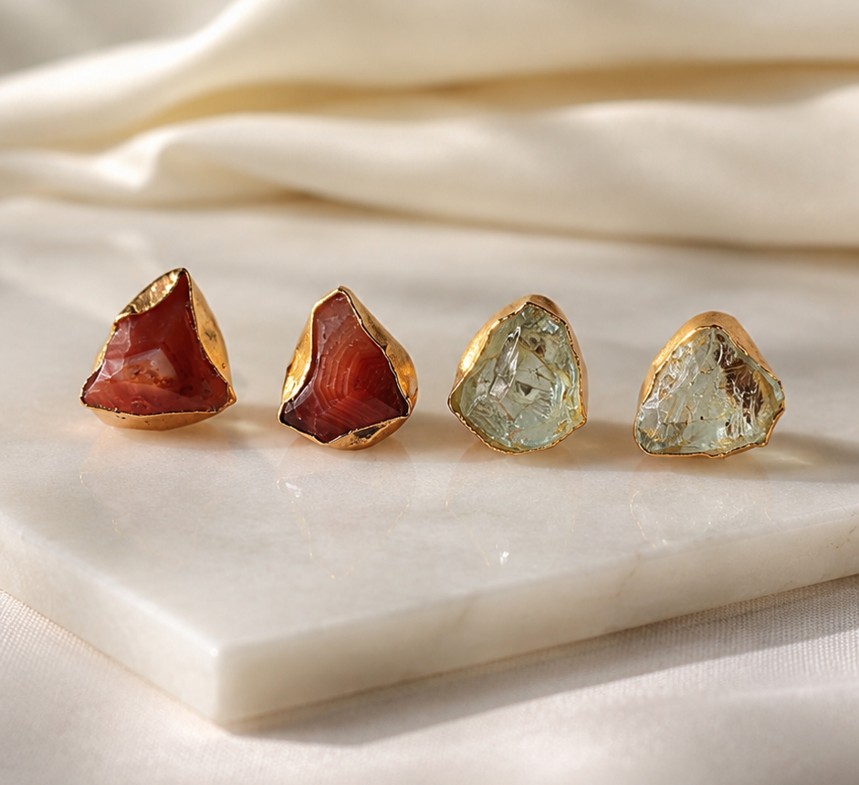 Raw Gemstone Stud Duo: Carnelian & Green Quartz Gold-Plated Earrings