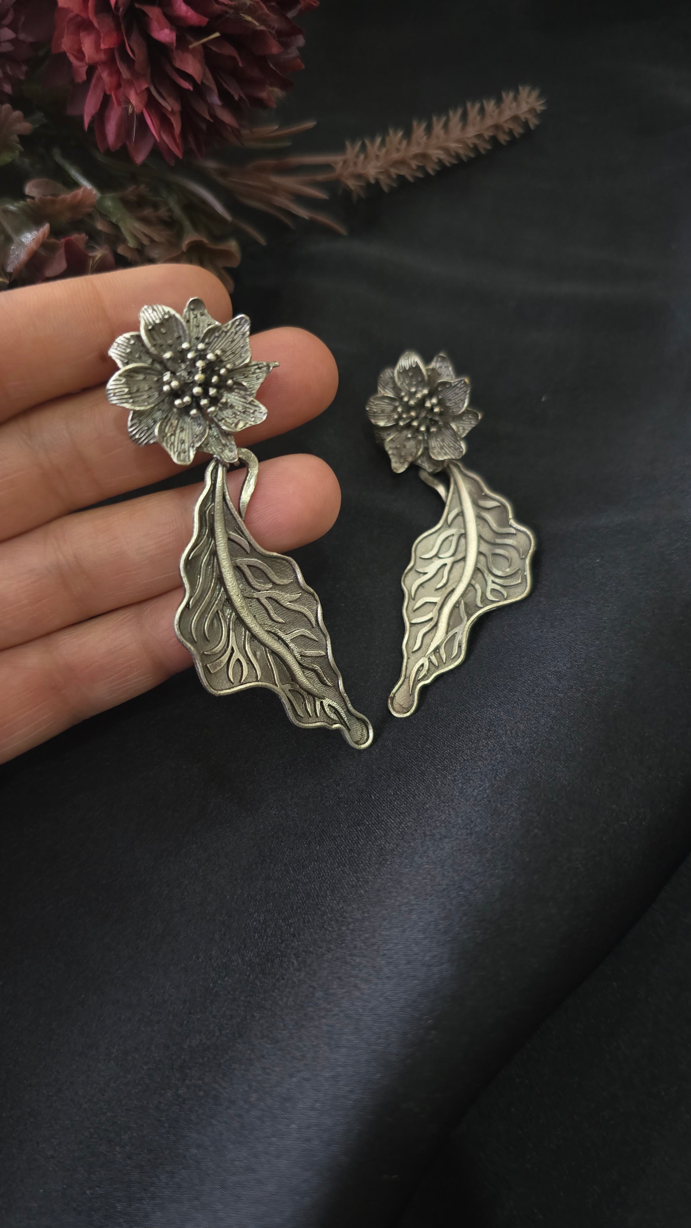 Antique Bronze Flower & Leaf Drop Earrings – Vintage Floral Dangle Earrings