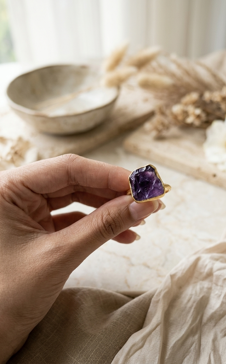 Amara Raw Amethyst Statement Ring in 18K Gold Plated Bezel