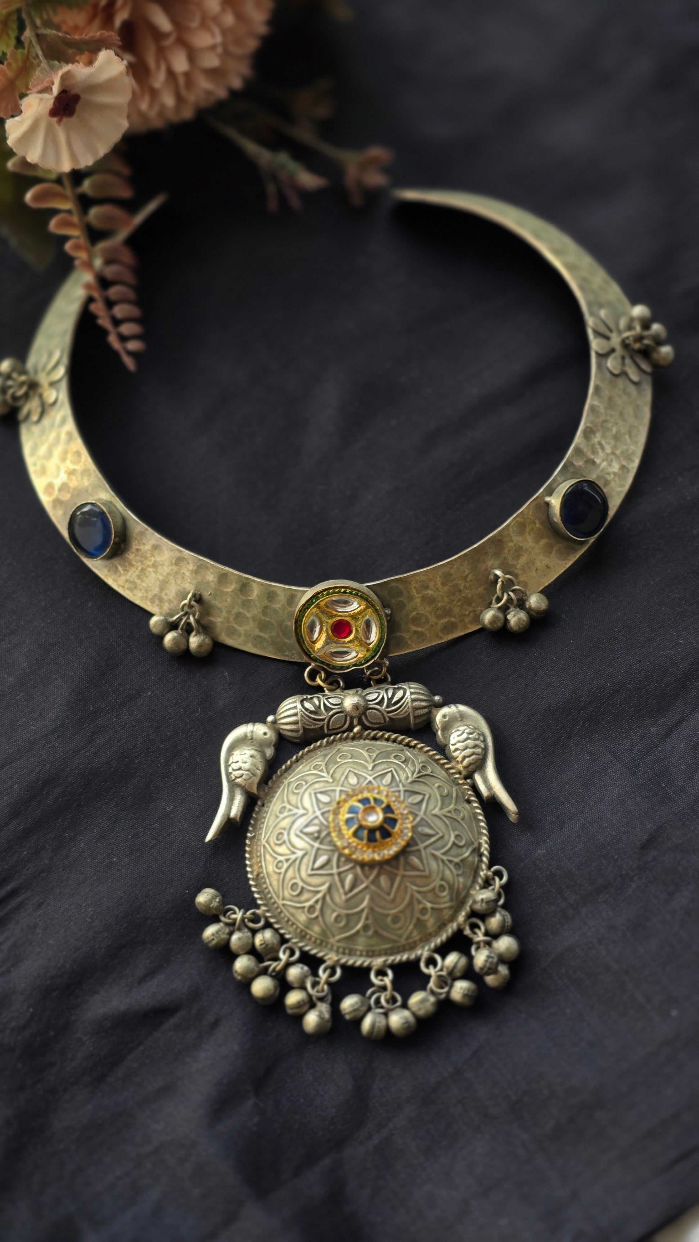 Aahana Oxidized Silver Hasli Necklace