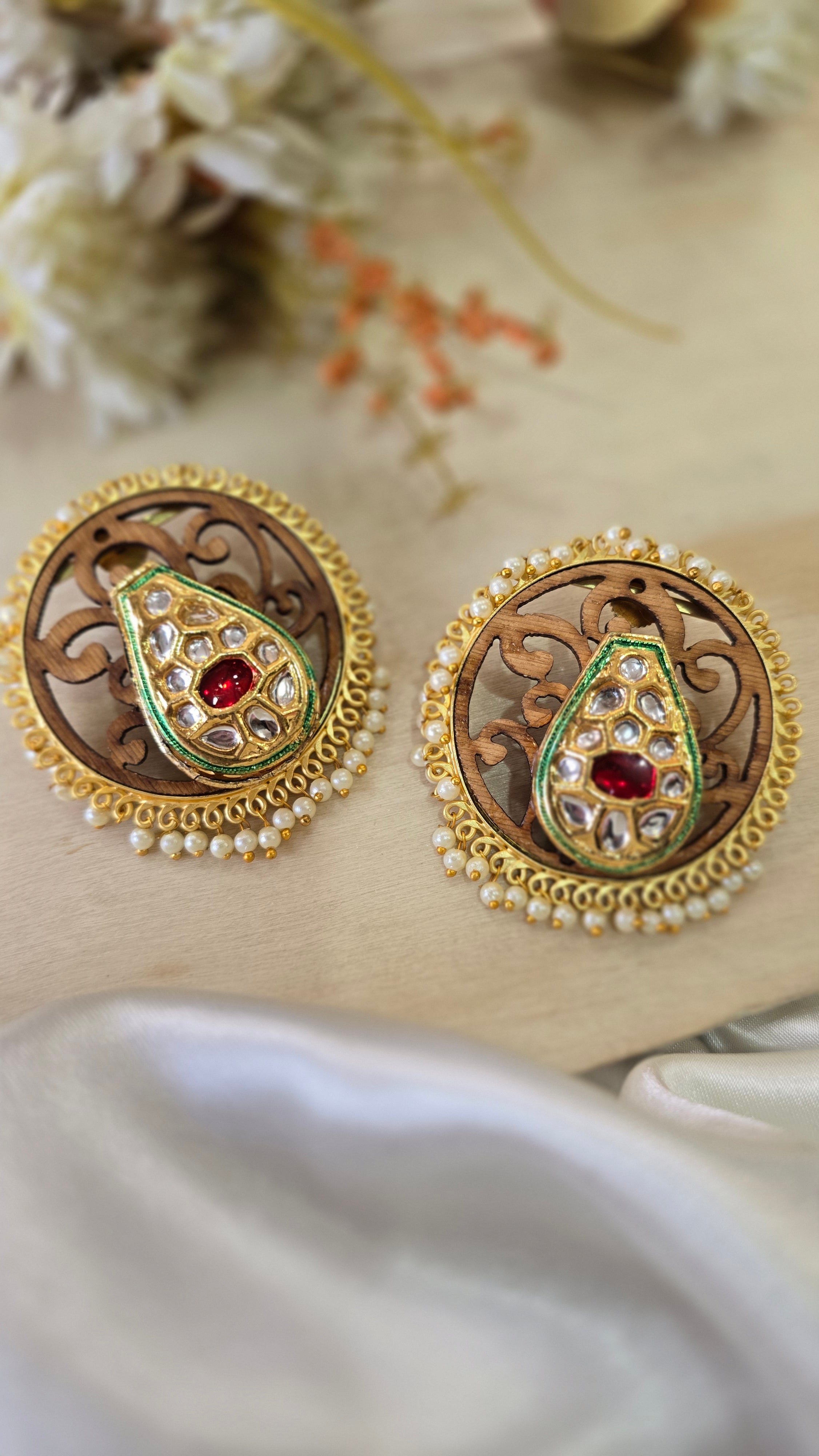 Handcrafted Wood Engraved Kundan Stud Earrings with Pearl Border