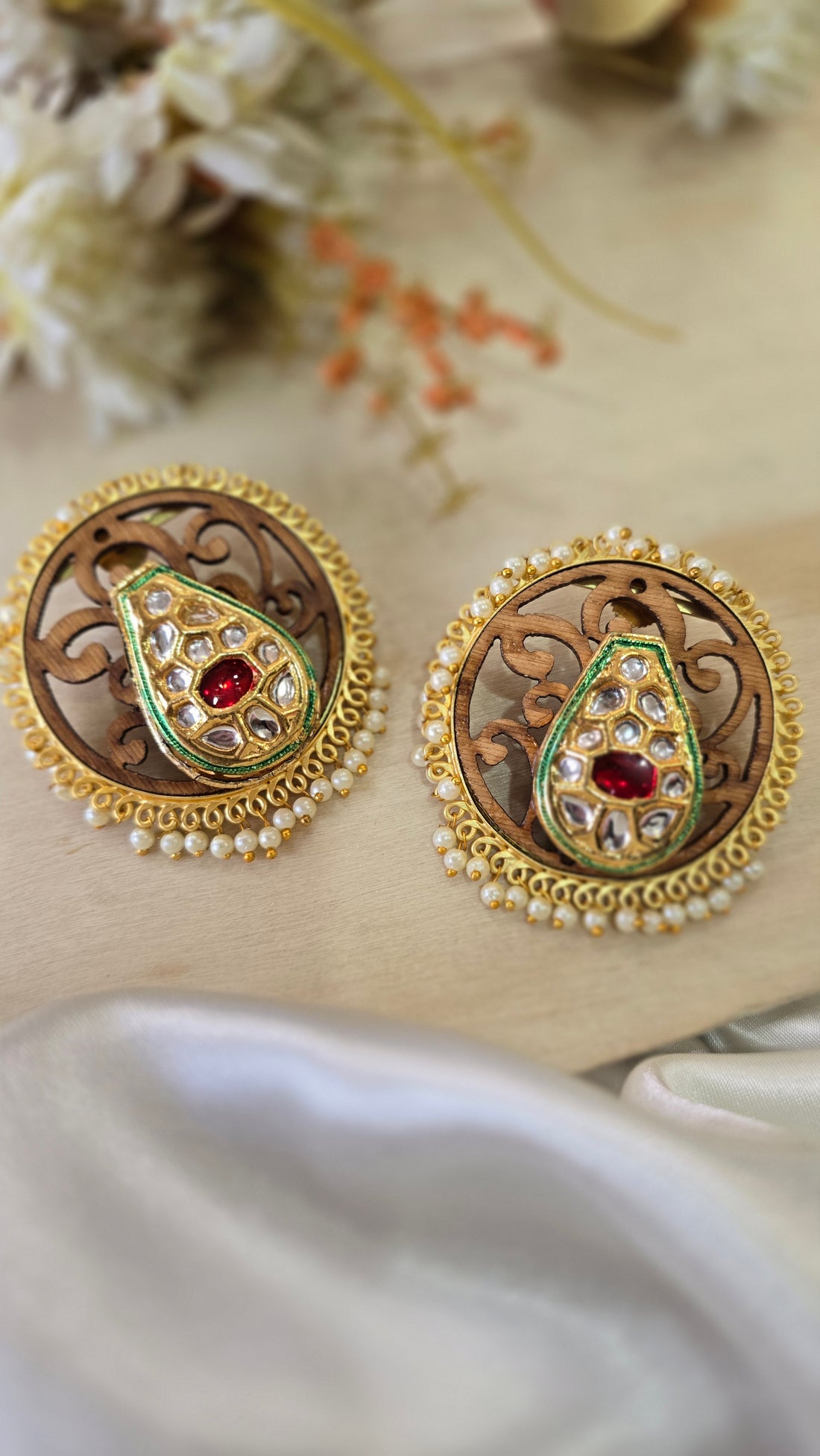 Handcrafted Wood Engraved Kundan Stud Earrings with Pearl Border