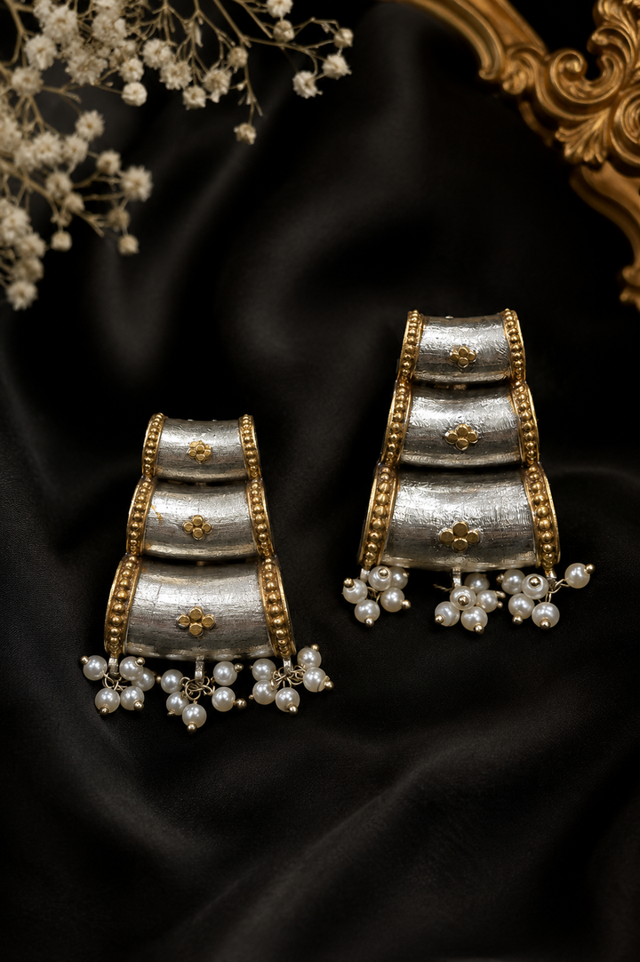 Antique Two-Tone Textured Barrel Drop Earrings with Pearls